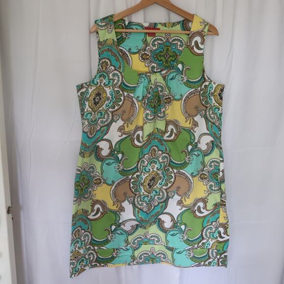 Sunny Leigh Linen Sheath Women Sz 16 Floral GreenYellowBlue Midi Sleeveless - Picture 1 of 16
